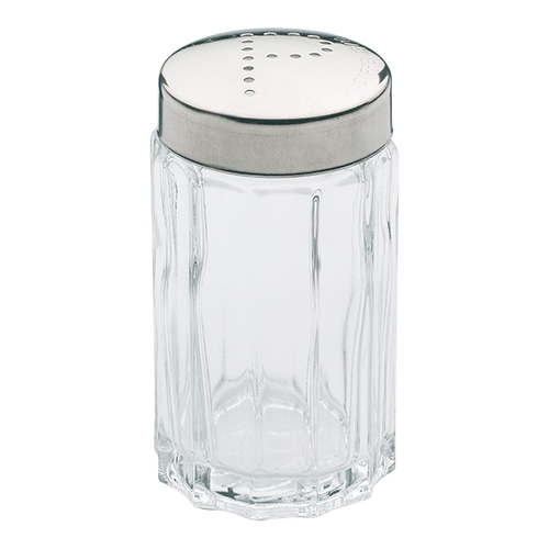 Peperstrooier,glas/rvs dop 'P'