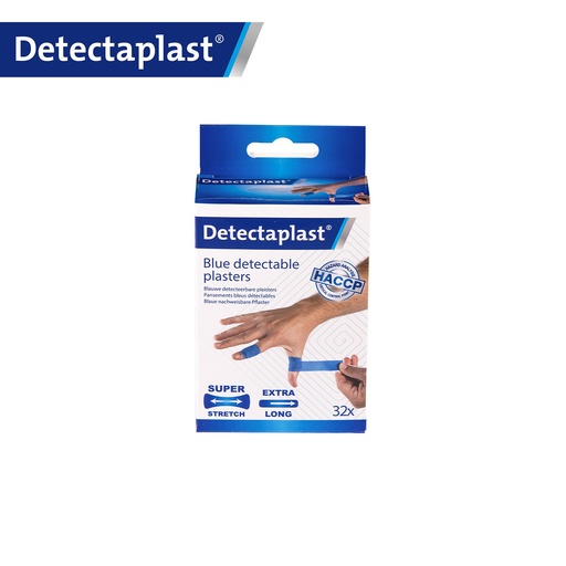 Detectaplast - Detecteerbare vingerpleister Super Stretch textiel blauw los verpakt ophangverpakking (18x2 cm, 32 stuks)