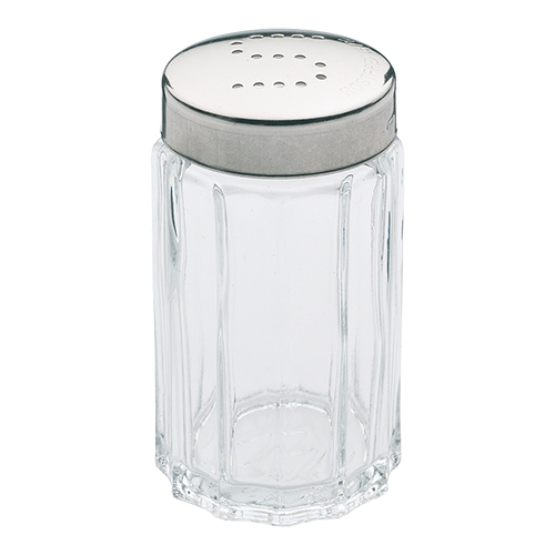 [DTH08002] Zoutstrooier, glas/rvs dop 'S'