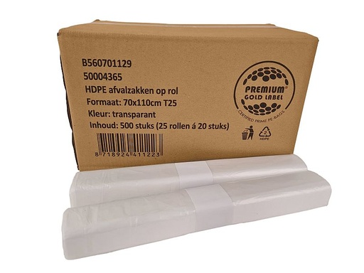 [DTH13050] Afvalzak HDPE T25 transparant (70x110 cm, 500 stuks)